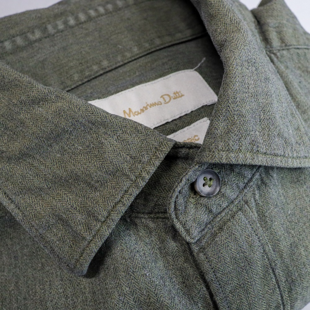 Massimo Dutti Button Down Shirt Mens Medium Olive Green Herringbone Cotton Long - Picture 7 of 13